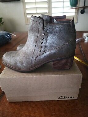 Clarks Metallic Taupe Leather Ankle Booties